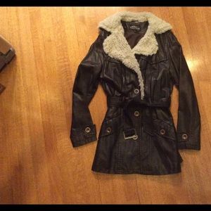 Faux leather jacket with faux fur collar